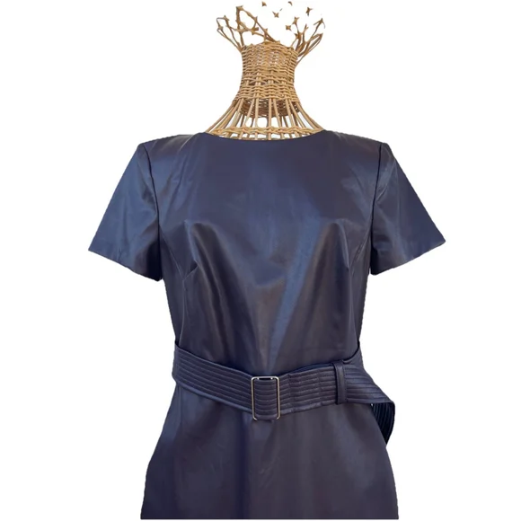 Calvin Klein Faux Leather Sheath Dress Belted Short Sleeve Black Size 6 Calvin Klein Faux Leather Sheath Dress Belted Short Sleeve Black Size 6
